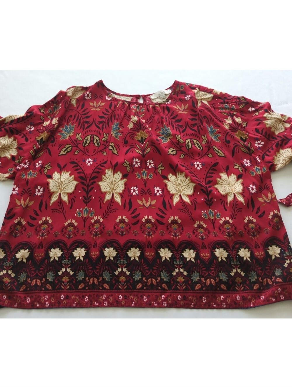 Loft Red w Cream Brown Black Floral Long Sleeve Tie Cuffs Pullover Top Size XL - Picture 4 of 9